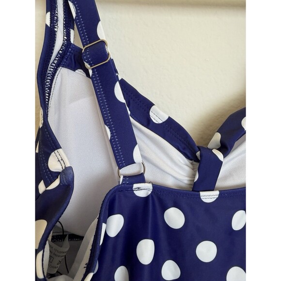 NWT Women's Tie Front One Piece Swimsuit Navy Polka Dot Size XL. - Picture 3 of 14